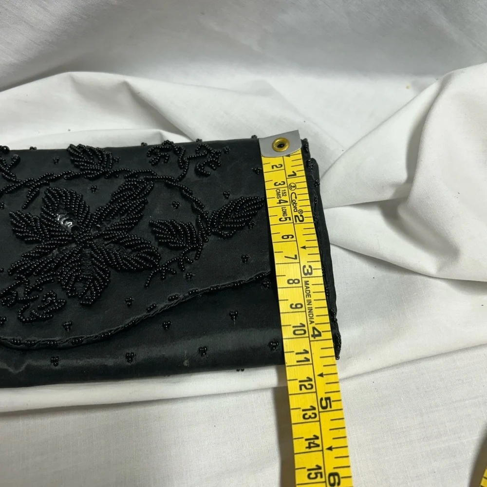Nice Vintage Art Deco Clutch Black Beaded Sequin Satin Made In Hong Kong - Picture 9 of 9